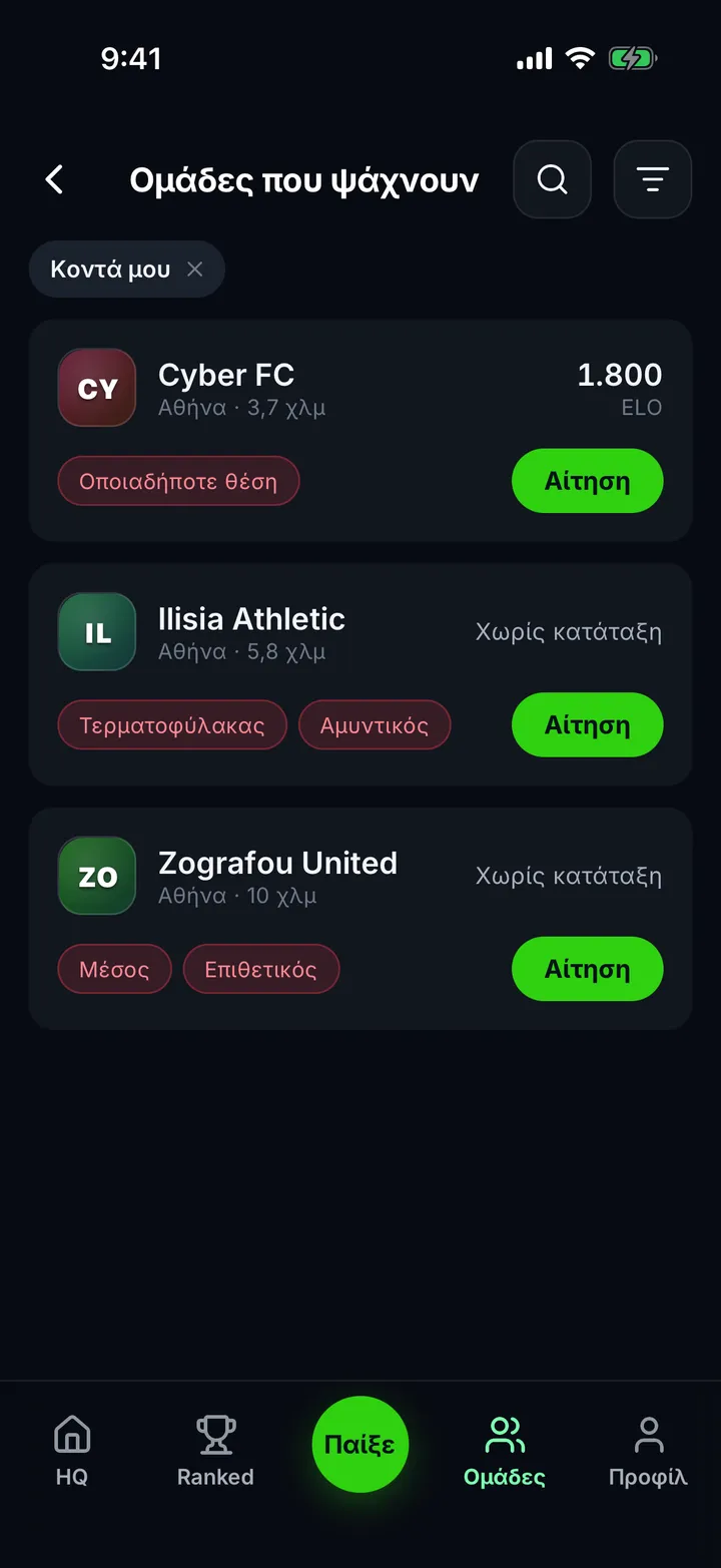 Ομάδες που ψάχνουν παίκτες, με τις θέσεις που χρειάζονται