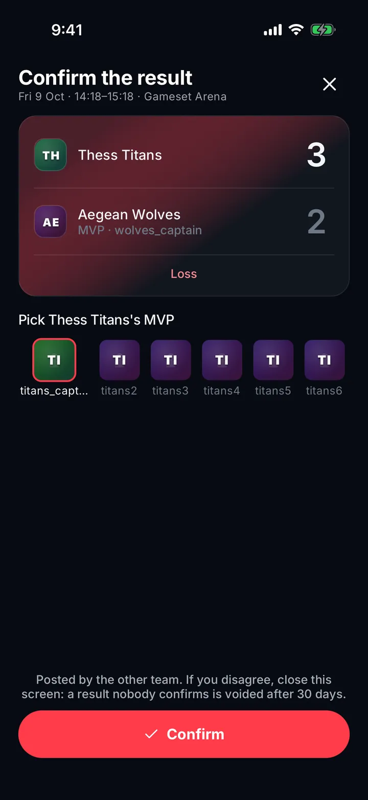 Confirming a result and picking the other team's MVP