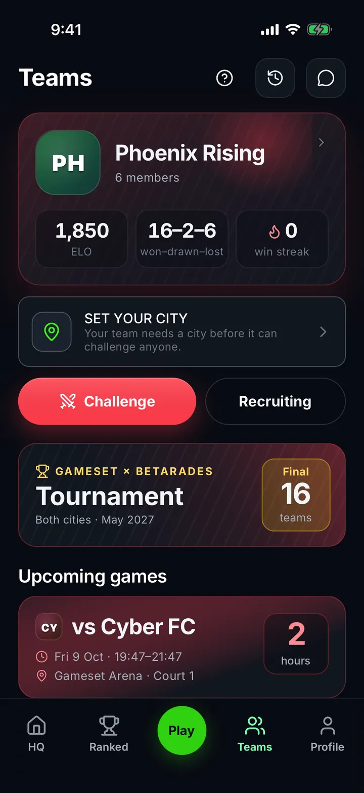 A team page with its members, ELO and record, and the upcoming fixtures